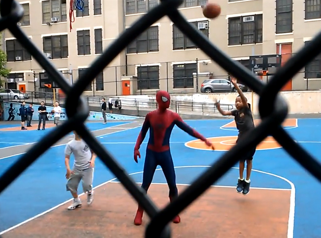 Andrew Garfield Plays Basketball In Spider Man Suit As Emma Stone